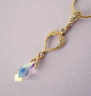 AB clear Swarovski Faceted Briolette with Gold Spade Connector Necklace
