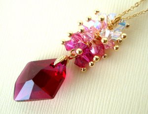 Ruby Fuchsia Swarovski Cosmic Cascade Long Gold Necklace