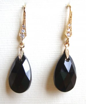 Black Swarovski Teardrop Gold Cubic Decorated Earrings