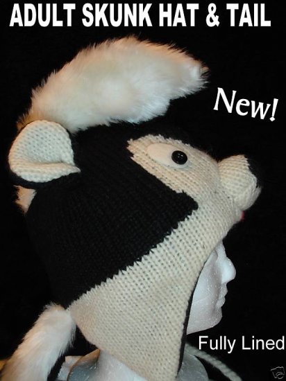 SKUNK HAT ADULT Mohawk  KNIT Ski cap BEANIE Halloween Costume Helmet Head mask handmade BLACK BADGER
