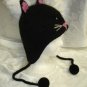 BLACK KITTY CAT HAT knit ski cap FACE stitch Halloween Costume ADULT SIZE Fleece Lined