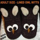 OWL MITTENS knit  Brown ADULT puppet barn FLEECE LINED mens womens RICE Halloween costume