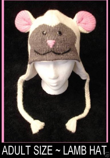 LAMB HAT knit ski cap animal Halloween Costume Sheep ADULT beanie Pom Tail toque