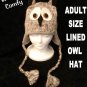 OWL HAT knit ski cap ADULT animal Costume LINED barn hoot GRAY grey cable knit rice university