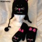 BLACK KITTY CAT HAT knit ski cap FACE stitch Halloween Costume ADULT SIZE Fleece Lined