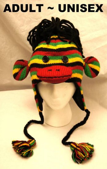 REGGAE SOCK MONKEY HAT knit ADULT dreadlocks dread locks marley jamaica ...