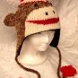 BROWN SOCK MONKEY HAT Knit FLEECE lined ADULT photo prop pro MENS WOMENS trench HALLOWEEN COSTUME