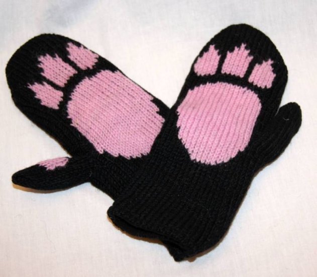 CAT MITTENS Black knit FLEECE LINED pink paws bear Halloween costume kitty