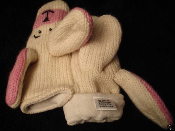 BUNNY MITTENS knit RABBIT pink and white ADULT SIZE puppet FLEECE LINED ...