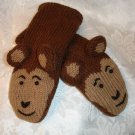 MONKEY MITTENS knit ADULT Small  puppet FLEECE LINED monkey face brown