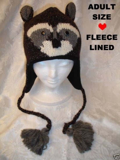 RACCOON HAT knit ski cap toque beanie costume ADULT Ladies UNISEX Dark ...