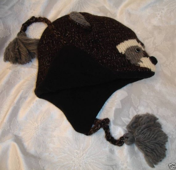 RACCOON HAT knit ski cap toque beanie costume ADULT Ladies UNISEX Dark ...