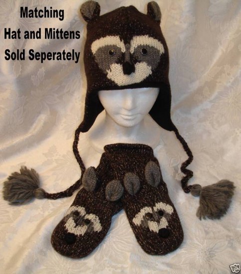 RACCOON HAT knit ski cap toque beanie costume ADULT Ladies UNISEX Dark ...