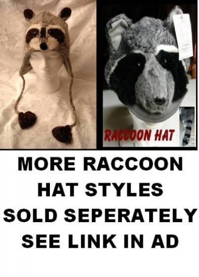 RACCOON HAT knit ski cap toque beanie costume ADULT Ladies UNISEX Dark ...
