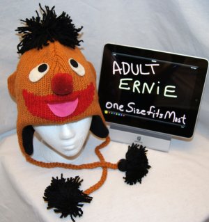 Adult ERNIE bert's pal costume Hat KNIT black Fleece Lined pom ski cap SESAME STREET delux