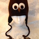 BROWN OWL HAT knit ski cap ADULT Costume FLEECE LINED barn hoot BIRD LOVER