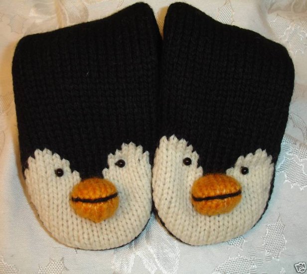 PENGUIN MITTENS knit FLEECE LINED ears ADULT cute mens womens ICE HOCKEY SKATING puppet
