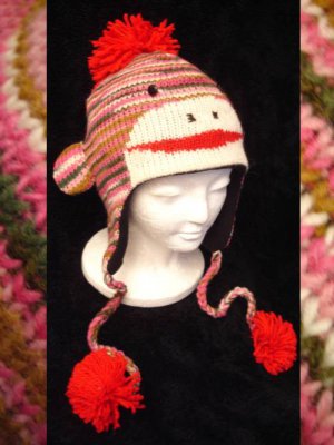 PINK SOCK MONKEY Hat KNIT ski cap STRIPED Fleece Lined ADULT mens womens Halloween Costume delux