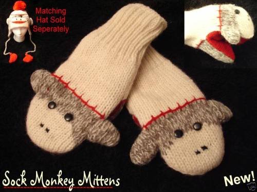 GRAY CUTE SOCK MONKEY MITTENS knit PUPPET wool ADULT animal matching delux hat sold separate
