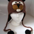 deLux  Tag BEAVER HAT ski cap ADULT SIZE Cable Knit with face mask teeth black ball COSTUME