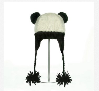 PANDA Hat knit ski cap mens womens Halloween costume Fleece Lined mens womens black animal delux