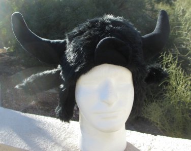 BUFFALO HAT BULL black horns fur MOOSE furry BISON decoy antlers animal HALLOWEEN costume viking