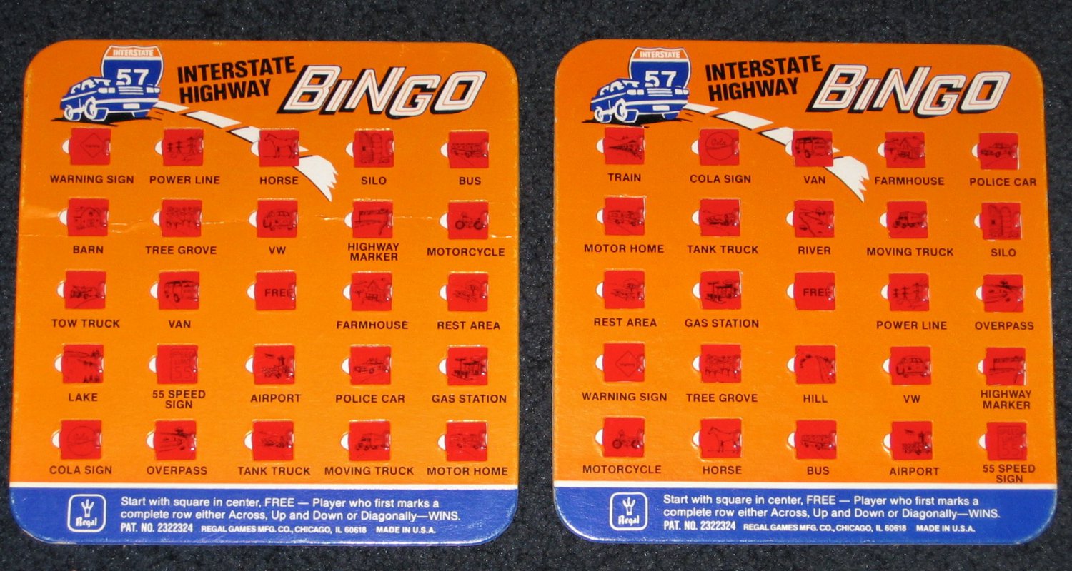 BINGO Interstate Highway Travel Game Board Cards for Kids and Adults