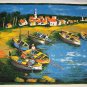 Vintage Linen Tea Towel Waterfront Village Scene Canoes Tapestry Wall Decor