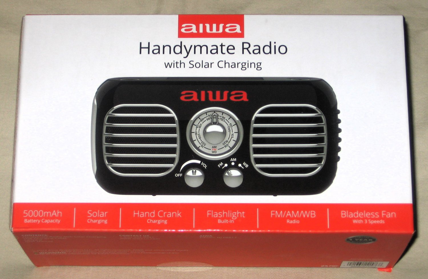 NEW AIWA Handy Mate Radio with Solar Charging, Fan, Flashlight SOS Sirens AI6022-BLK