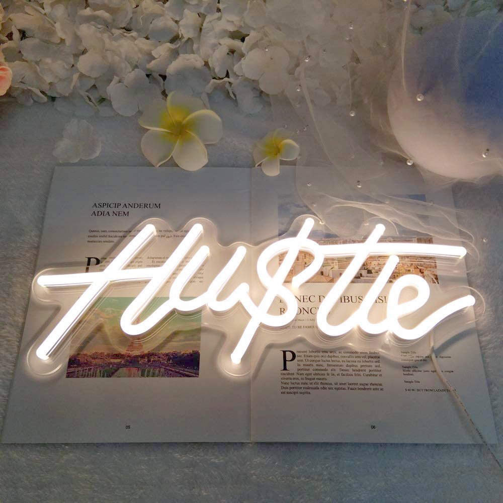 White Hustle LED Neon Sign, White Wall Light