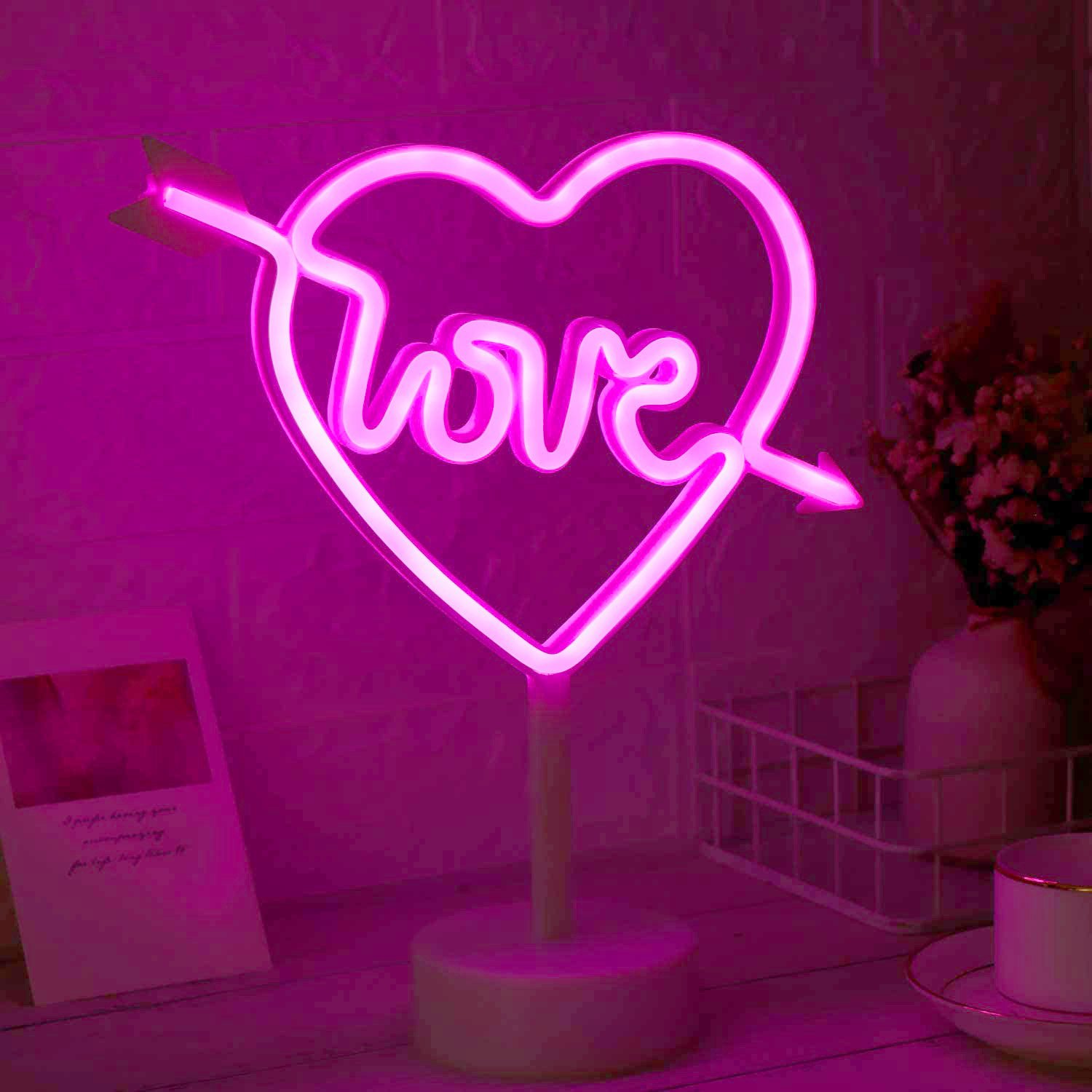 Pink Love Heart LED Neon Lamp, Heart Neon Lamp, Heart Desk Lamp