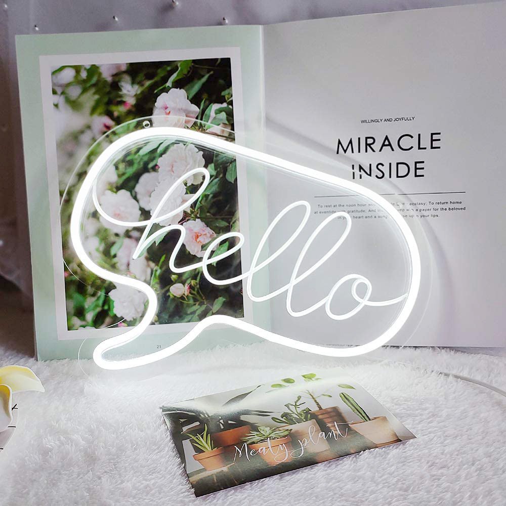 Cool White Hello LED Neon Sign, White Neon Wall Light