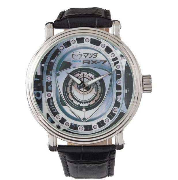 &atilde;��&atilde;��&atilde;�� with Logo Mazda RX7 Rotary Engine Style Black Leather Strap Watch