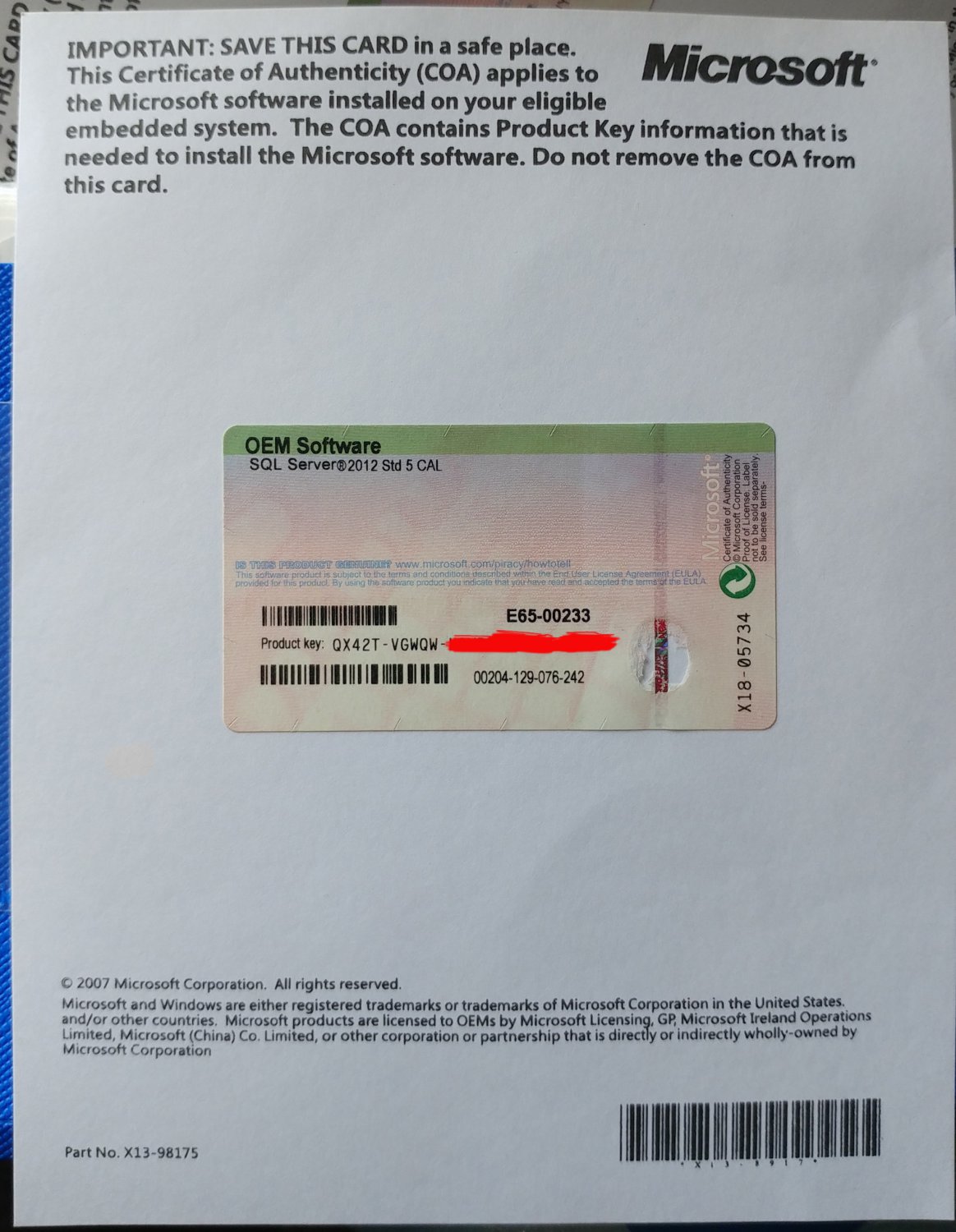 Microsoft sql standard server 2012 5 cals oem license