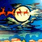 VTG CHRISTMAS GiftWrap DEEP BLUE Paper SMILING SANTA SLEIGH in the Sky LAST ONE