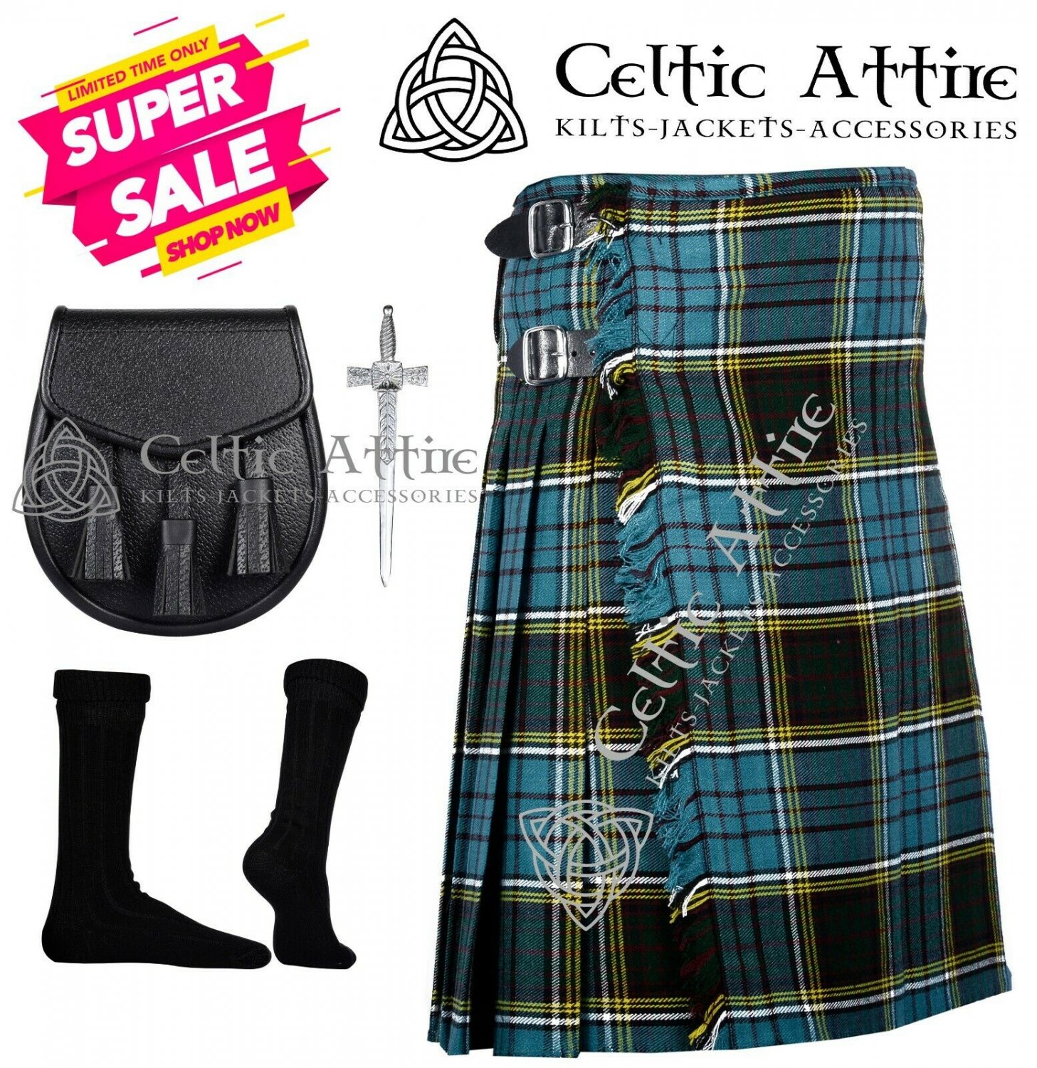 Custom Waist & Length ANDERSON Scottish Highlander 8 Yard Tartan Kilt ...