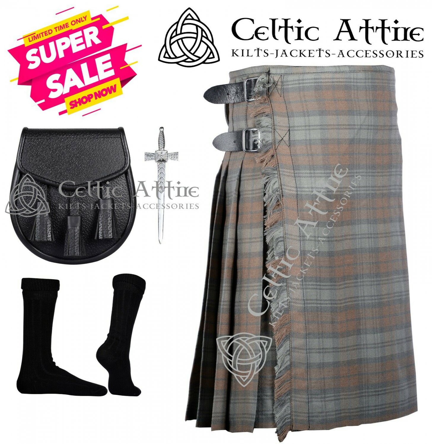 48 Size BLACK WATCH WEATHERED Scottish Highlander 8 Yard Tartan Kilt Package