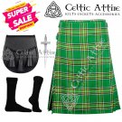 48 Size IRISH Tartan Scottish Highlander 8 Yard Tartan Kilt Package - Kilt Pin - Socks - Sporran