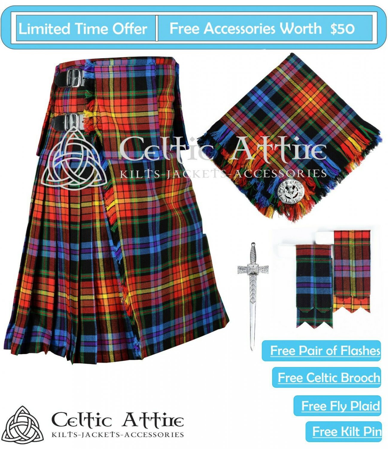 36 Size Scottish 8 Yard LGBTQ PRIDE Tartan KILT Package Free Pin ...