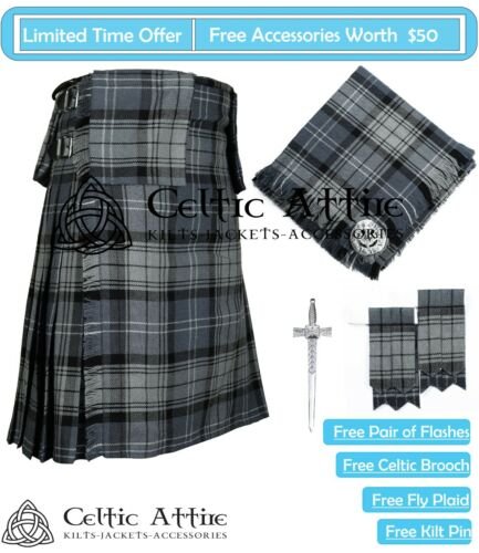 48 Size Scottish 8 Yard HAMILTON GREY Tartan KILT Package Free Pin Flashes Flyplaid Brooch