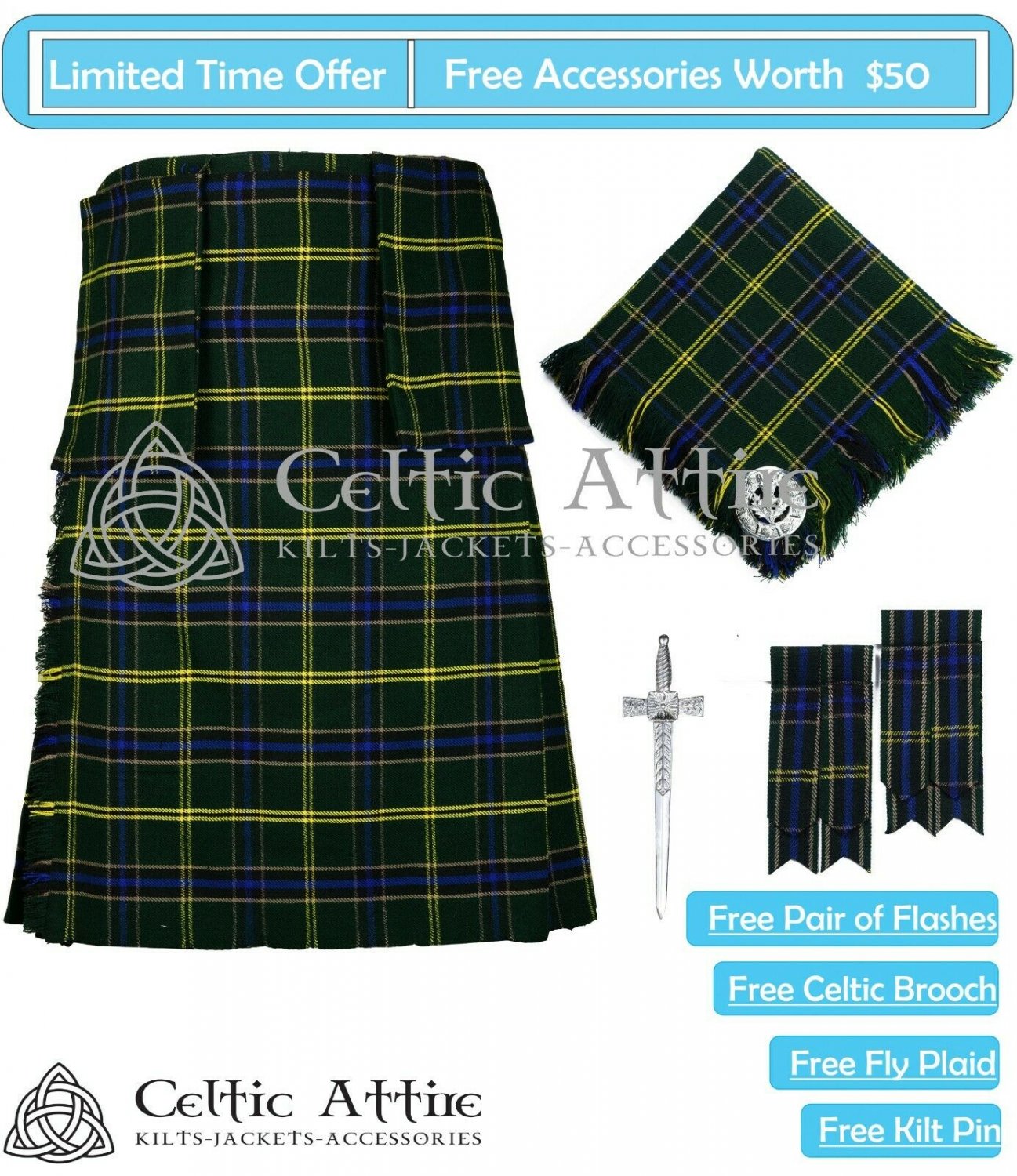 Custom Waist & Length Scottish 8 Yard US ARMY Tartan KILT Package Free Accessories