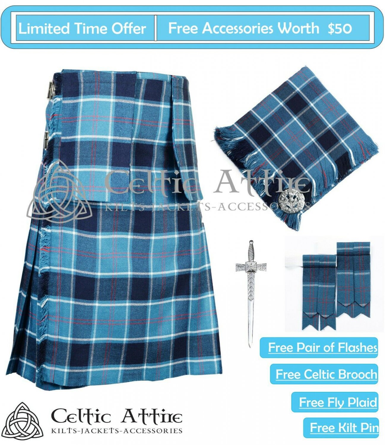 42 Size Scottish 8 Yard US NAVY Tartan KILT Package Free Pin Flashes ...