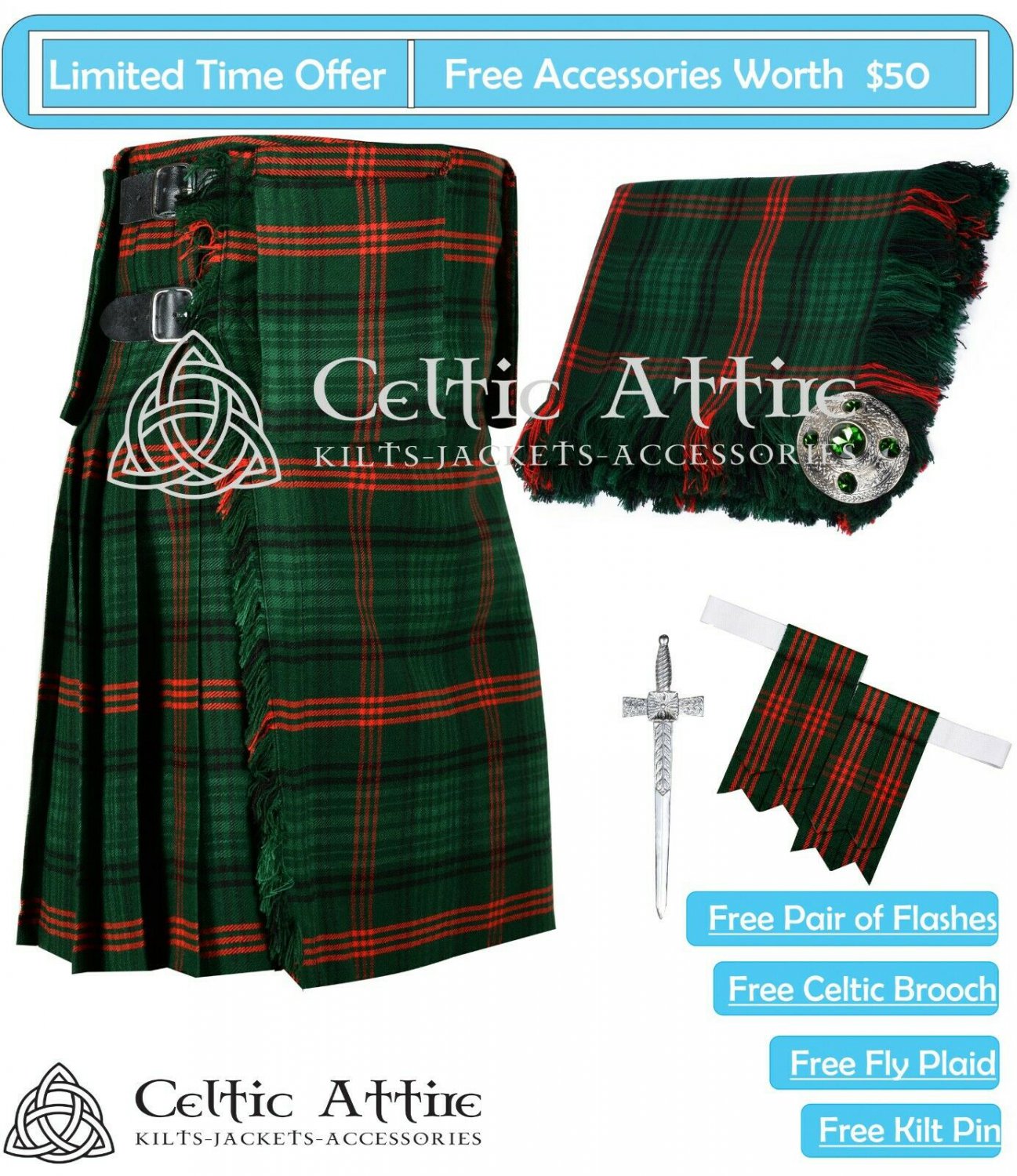 Custom Waist & Length Scottish 8 Yard ROSS HUNTING MODERN Tartan KILT Package Free Accessories