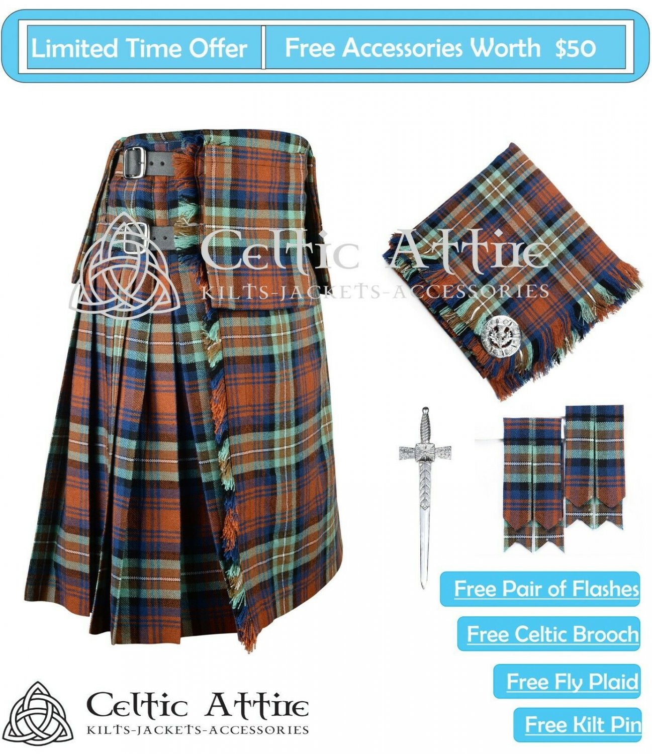 44 Size Scottish 8 Yard IRN BRU Tartan KILT Package Free Pin Flashes Flyplaid Brooch