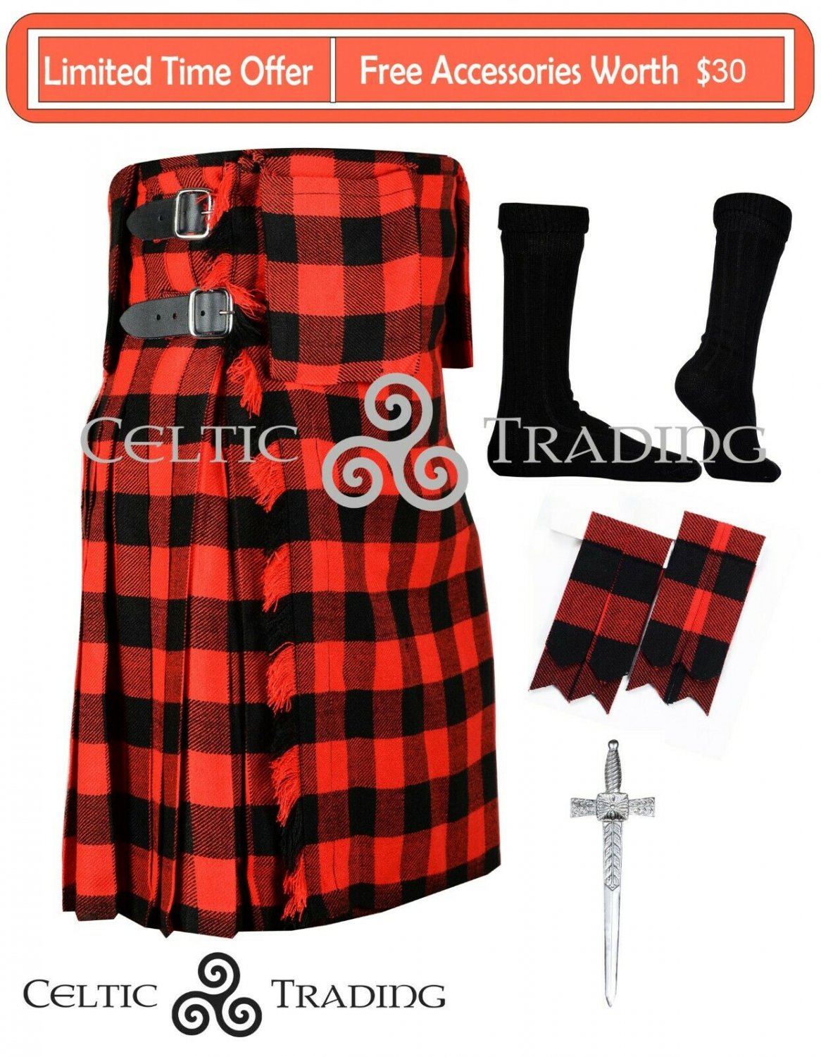 Handmade Kilt Scottish 8 Yard RED BLACK ROB ROY TARTAN KILT With Free Accessories - Size 50