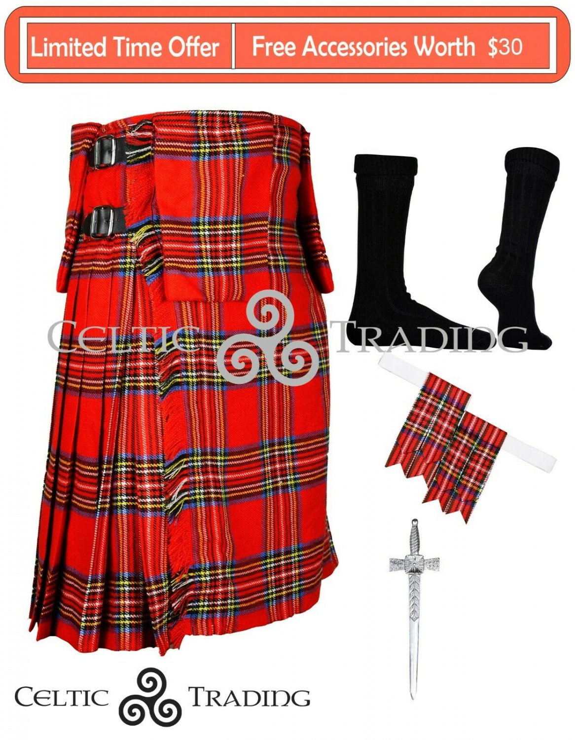 32 Size Handmade Kilt Scottish 8 Yard ROYAL STEWART TARTAN KILT With