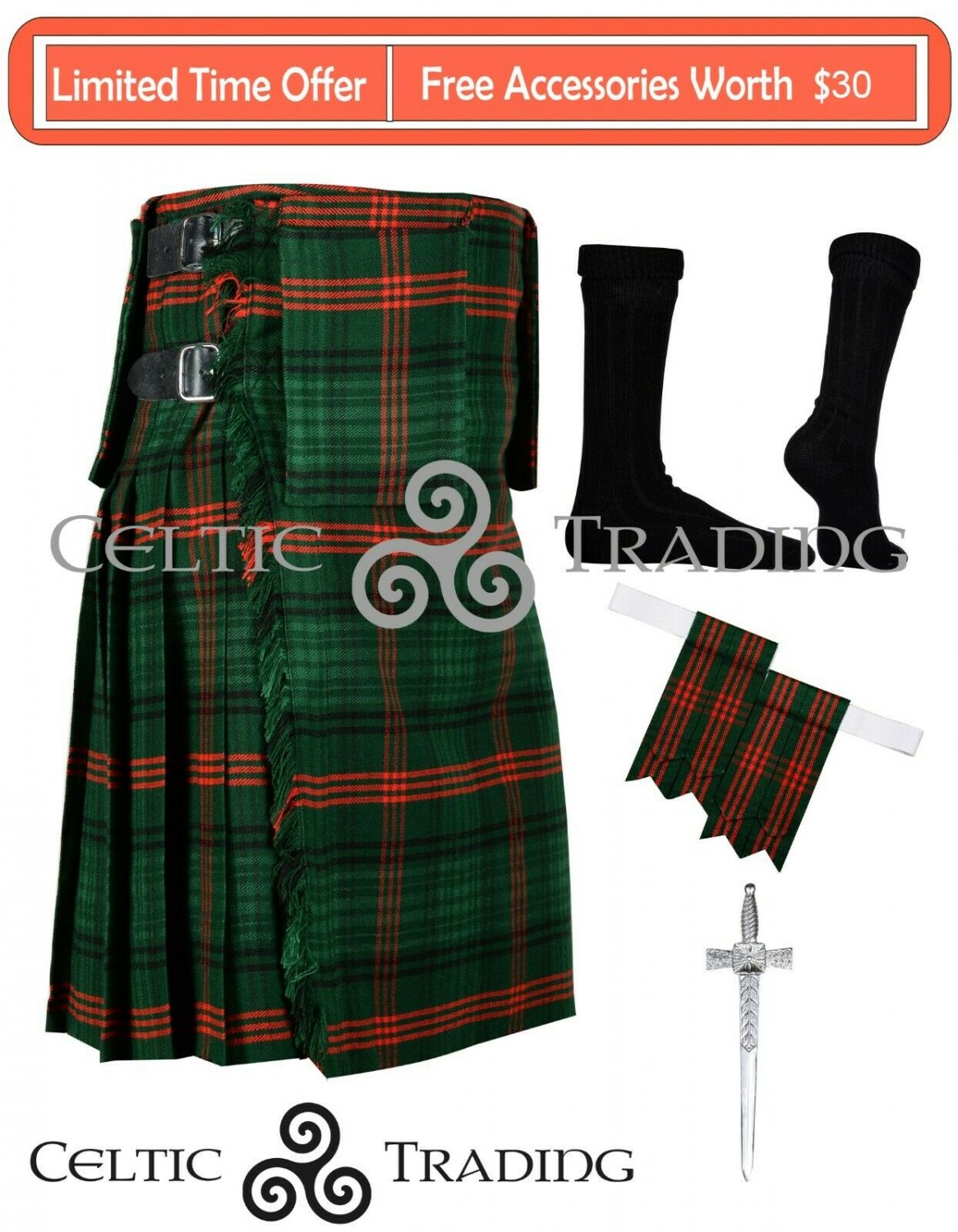 46 Size Handmade Kilt Scottish 8 Yard ROSS HUNTING MODERN TARTAN KILT With Free Accessories