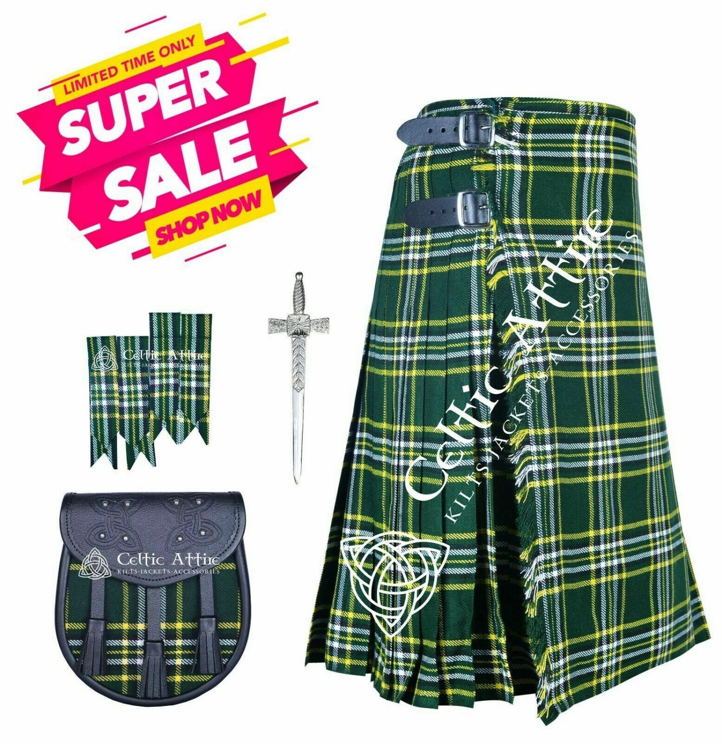 36 Size Scottish 8 Yard ST. PATRICK Tartan Highlander Custom KILT Free Sporran - Pin - Flashes