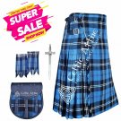 30 Size Scottish 8 Yard RAMSEY BLUE HUNTING Tartan Highlander KILT Free Sporran - Pin - Flashes