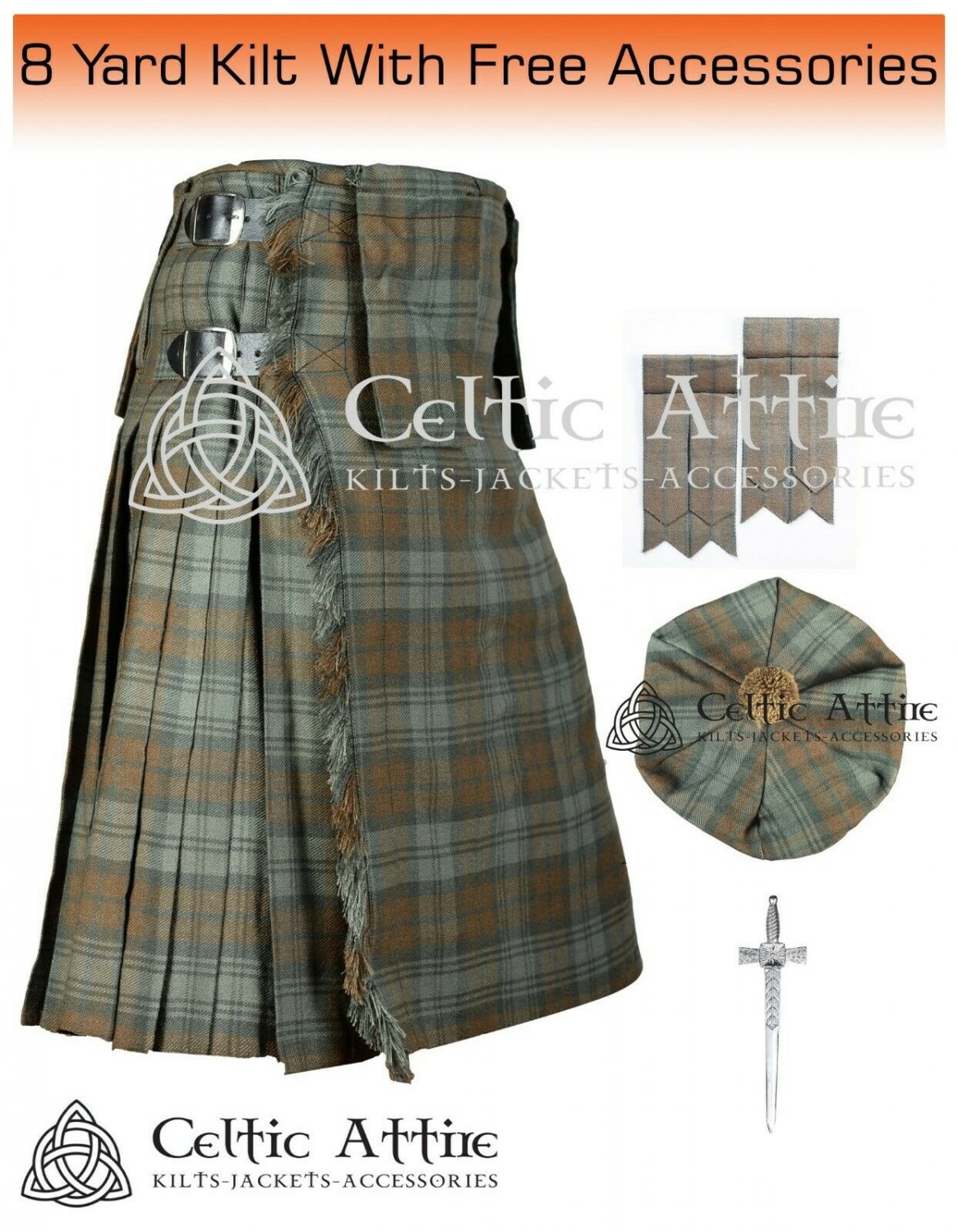 BLACK WATCH WEATHERED Tartan Scottish 8 Yard KILT with Free - Tam Cap ...